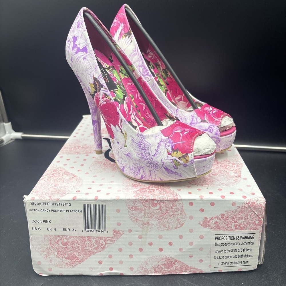 Iron Fist Pink Platform Heels Pegasus Unicorn Bunny Roses Cotton Candy Peep SZ 6